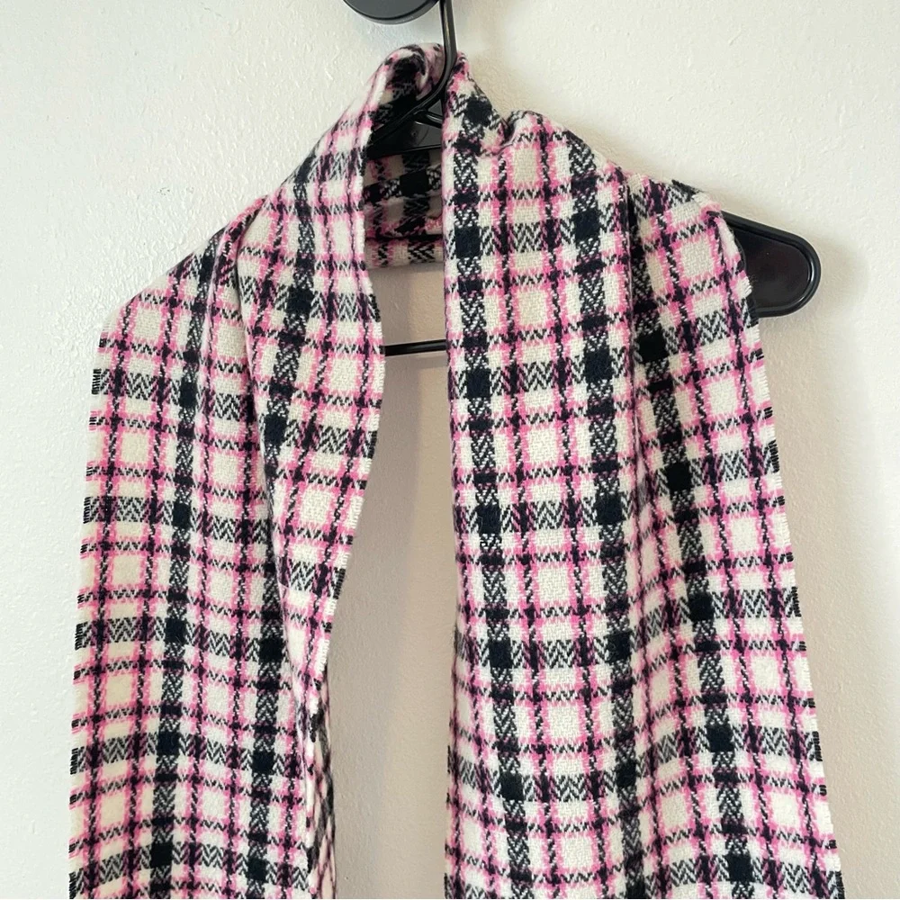 Ralph Lauren Blue Label Pink Plaid Fringe Scarf 100% Lambswool Italy